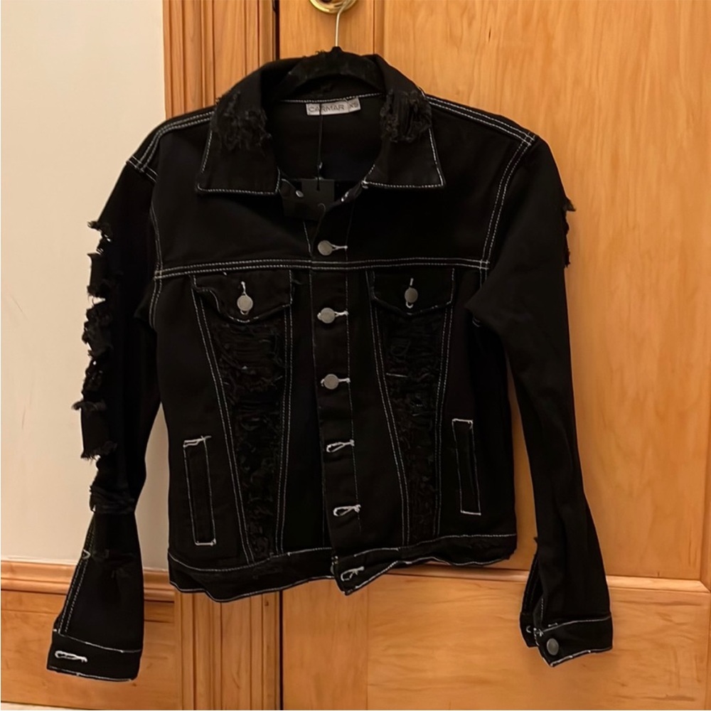 NEVER WORN Distressed black jean jacket. Size XS. NWT